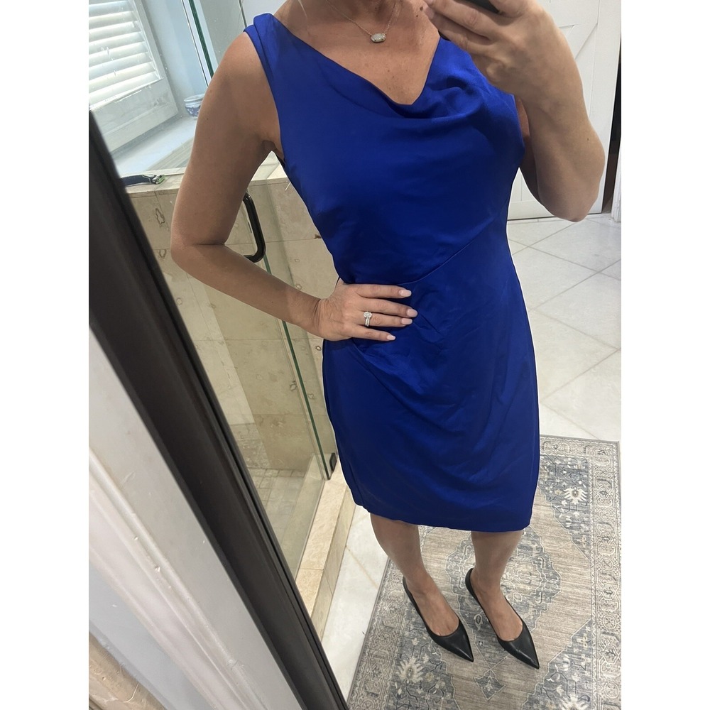 Ralph Lauren Blue Knit Stretch Cowl Neck Sheath Dress Size 14 Sleeveless Knee